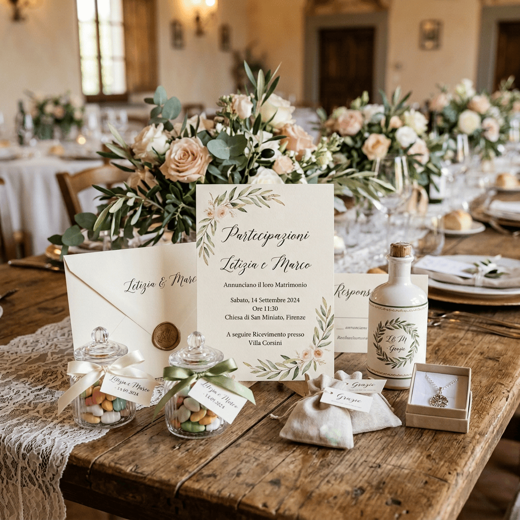 Wedding display with invitation reading “Partecipazioni Letizia e Marco,” wedding date, Florence venue, favors, and jewelry.
